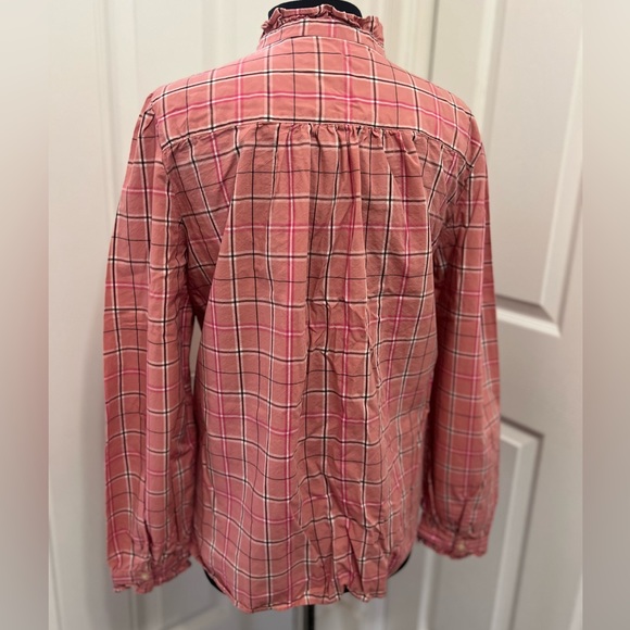Loft Rose Pink Plaid Ruffle Neck Button Down Long Sleeve Shirt - Picture 12 of 15